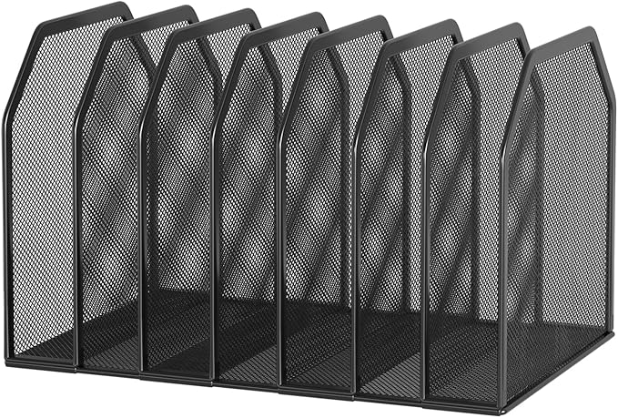 FANXIYQ Metal 7-Section File Folder Organizer for Desk | Vertical Office File Holder | Heavy-Duty Mesh Document Sorter for Books, Binders, Laptops | Black Desk Organizer (12.8”x8.5”x7.9”)