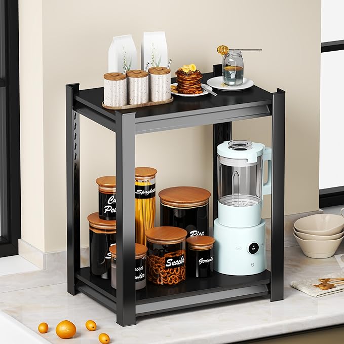 2 Tier Storage Shelves Small Shelves Metal Shelf Organizer Unit Adjustable Steel Shelving for Shop, Warehouse, Basement, Kitchen, Bedroom, Garage, Black, 16" W X 12" L X 22" H