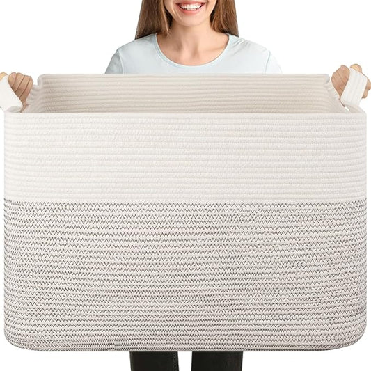 OIASKET XXXL Large Blanket Basket, 108L Storage Basket, Cotton Rope Baskets for Living Room, Toy Basket for Kids, Woven Baskets for Clothes, Towels, Pillows, 25" x 16" x 16", Black and White
