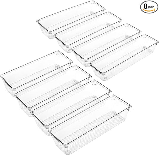 LotFancy 8 Pack Clear Plastic Drawer Organizers, 9.2''×3''×2'', Food Grade Storage Trays, Non-Slip Storage Bins for Kitchen Utensil, Silverware Cutlery, Bathroom, Office Desk, Makeup, Jewelry