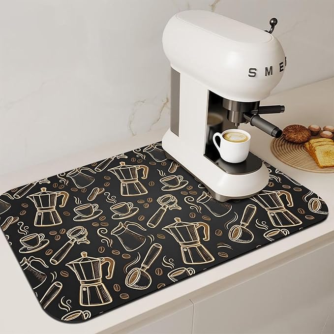 Black and Gold Coffee Tool Coffee Drying Mat 12" x 19", Absorbent Waterproof Coffee Station Mat, Protects Countertops from Spills Stains for Coffee Makers and Home Baristas