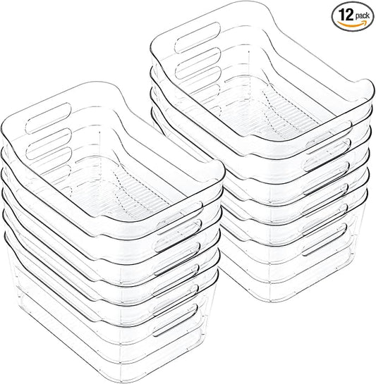 CiWiVOKi 12 Pack Clear Plastic Storage Bins, Acrylic Organizer and Containers with Handle for Pantry, Cabinet, Closet, Refrigerator, Freezer, Bathroom, Kitchen Under Sink Storage