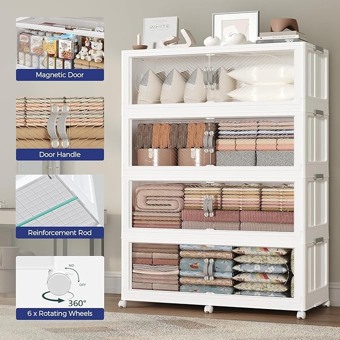 180Gal/720QT 3-Tiers Extra Large Stackable Storage Bins with Lid, Collapsible Cabinet Closet Organizer Plastic Container Box with Wheels Doors Drawers for Office Dorm Kitchen Office, White