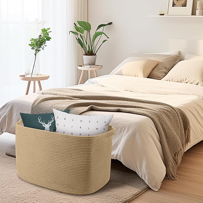 MEGASKET Large Jute Rectangle Rope Basket, 23.6" x 17" x 12" Blanket Storage for Living Room, Pool Towel Basket, Woven Baby Floor Laundry Hamper for Clothes, Toy Storage Bin, Bathroom Towel Storage