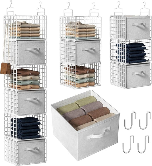 Closet Hanging Organizer with Drawers, 6 Tier Metal Closet Organizers and Storage with 4 Hanging Hooks 4 S-Hooks for Wardrobe Laundry Room, Wire Storage Shelf for Clothes Sweaters Pants (White)
