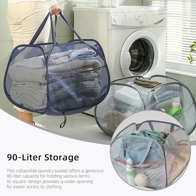 Collapsible Laundry Basket 90L, Foldable Mesh Pop-up Laundry Hamper with Handles, Dirty Clothes Hamper for Laundry with Side Storage Pocket(White, 2PCS)