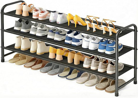 MISSLO 3-Tier Long Shoe Rack for Closet Shoe Organizer for Closet Floor Entryway Storage Stackable Wide Shoe Shelf Stores 24 Pairs of Men Sneakers, Black