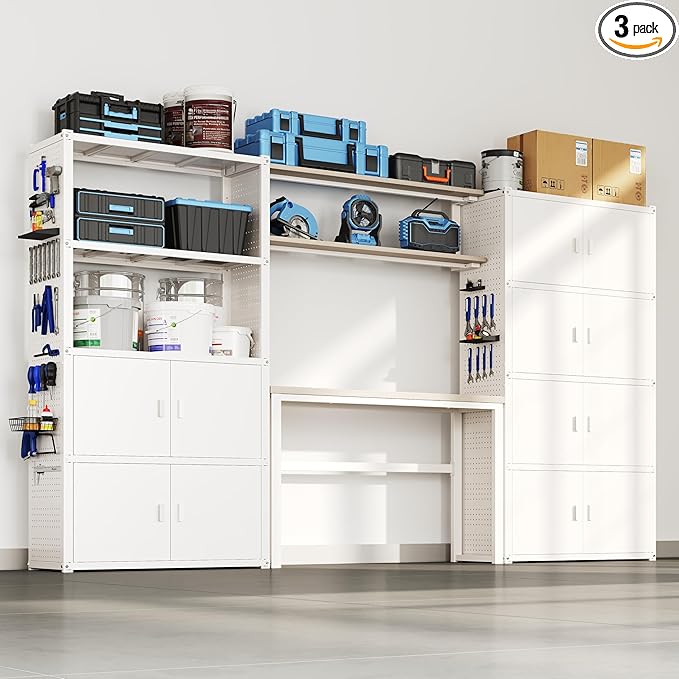 FLEXIMOUNTS Garage Storage Cabinet System, 3-in-1 Modular Metal Tool Cabinet w/Workbench and Metal Board Shelf Includes Pegboard, 24-Gauge Steel, 117"(L) w/ 6 Doors, White, FLEXIMOD Series
