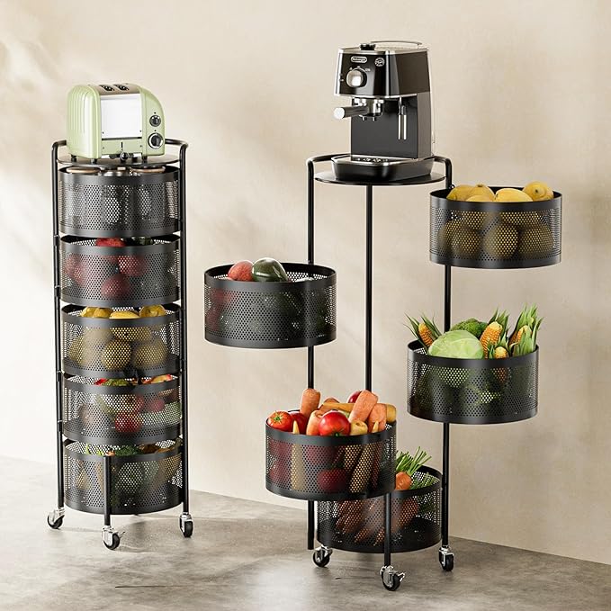 JAQ No Assembly Rotating Storage Cart, 5-Tier Rolling Kitchen Cart with Wheels, Round Large Capacity Fruit Vegetable Storage Rack, Easy Access Onion Potato Organizer, Heavy Duty Metal (Black)