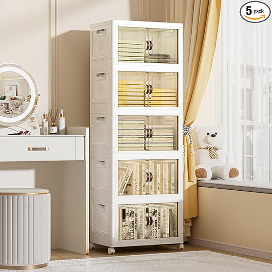 248 QT / 62 Gal Rolling Foldable Storage Cabinet with Stackable Feature - Double Magnetic Doors, Leather Handles, Durable Plastic for Closet/Office, Easy Assembly & Move