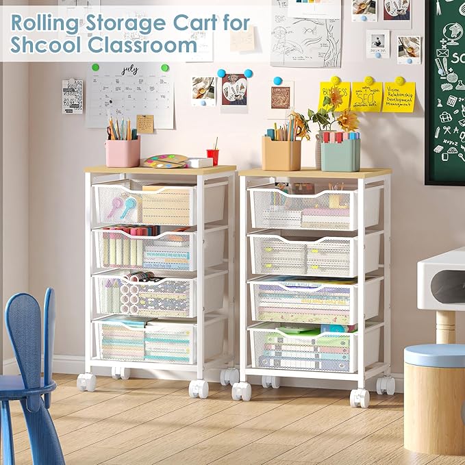 Sbanmao Utility Cart with 4 Drawers, Rolling Storage Cart, Metal Rolling Drawer Cart with Lockable Wheels and Wooden Tabletop, Craft Storage Art Cart for Living Room, Bedroom, Classroom, Office, White