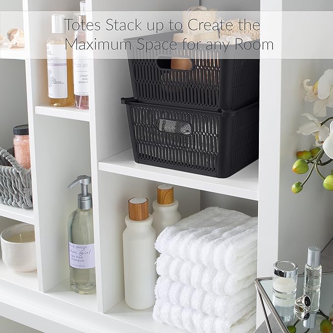 Simplify 4Pk Large Slide 2 Stack It Tote Basket | Storage & Organization | Open Bins with Stackable Capability | Bathroom | Crafts | Pantry | Playroom | Office | Black (KIT-25930-BLK-4PK)