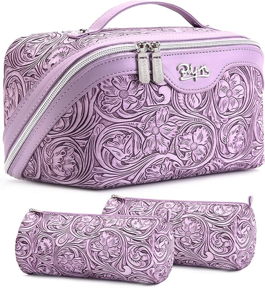 BOYATU Travel Makeup Bags Cosmetic Organizer Bag: 3 Pcs Set Large Capacity Floral Make up Bag with Compartments - Waterproof Leather Toiletry Bags with Handle for Women (21-Purple)