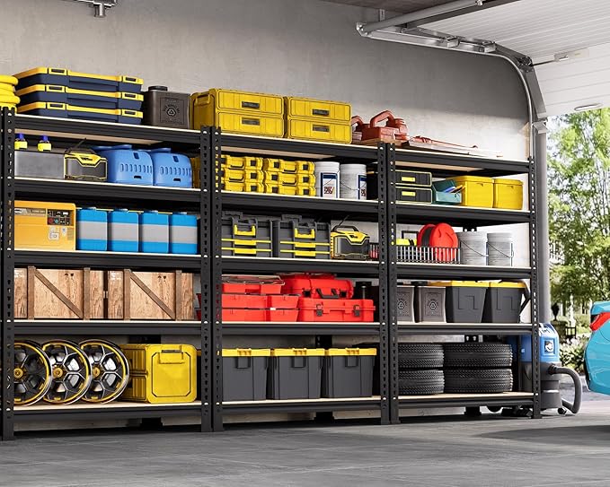 5-Tier Metal Storage Shelves: Heavy Duty Garage Shelving Adjustable Shelves for Storage - Black Utility Rack Shelf for Pantry, Warehouse, Office, Kitchen, 28" W x 12" D x 59" H, 4PCS