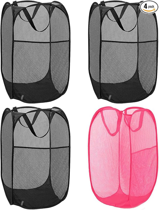 Pop Up Hamper 4Pcs, Mesh Pop Up Laundry Hampers, Foldable Mesh Laundry Hampers, Collapsible Laundry Basket for home college, dorm and apartment (3Black 1Pink)