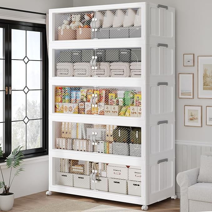 200Gal/800QT 5-Tiers Extra Large Stackable Storage Bins with Lid, Collapsible Cabinet Closet Organizer Plastic Container Box with Wheels Doors Drawers for Office Dorm Kitchen, White