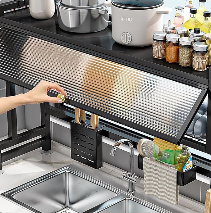 Over The Sink Dish Drying Rack, 3-Tier Dish Drying Rack with Cover, Large Sink Storage Organizer with Hooks and Clear Flip Door for Kitchen Counter, Black (25.5")
