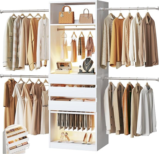 Closet System, 4-8FT Closet Organizer with 3 Wood Drawers & Glass Top, 102'' Walk in Closet with 5 Hang Rods & LED Lights & Trouser Rack, Built-in Wardrobe Clothes Rack with Shelves and Tower, White
