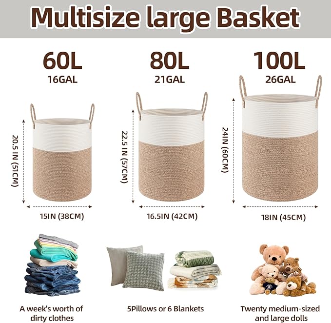 OIAHOMY Large Laundry Basket Hamper - 60L Cotton Rope Woven Basket for Blankets, Toys, Clothes - Tall Decorative Nursery Hamper with Long Handles, Grey/White