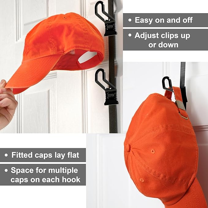 Perfect Curve Cap Rack For Closet - Holds 18 to 36 Adjustable Caps - Over-The-Door Hat Rack and Organizer - For Men or Women's Hat Collections - Cap Organizer | 2 Straps | Black