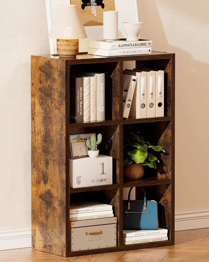 GTPLAYER 6-Cube Storage Organizer, Fits 11" Bins, Vertical or Horizontal Use, Opening Bookshelf, Partial Back Panels, Stackable Design Bookcase, for Closet, Bedroom, Home Office, Rustic Brown