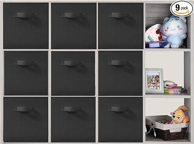 11x11 Inch Storage Bins Cubes, Fabric Foldable Storage Box, Collapsible Closet Organizer for Clothes, Blankets, Office, Bedroom, Living Room, Shelf Cabinet, Bookcase, Black, 9 Pack