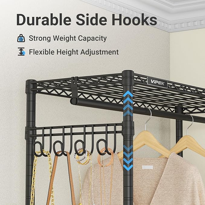 VIPEK R3X Expandable Clothes Rack with Lockable Wheels, 600 lbs Capacity Heavy Duty Rolling Garment Rack with Adjustable Width (2' to 3'5") Shelves, Space-Saving Storage Closet for Small Space (Black)
