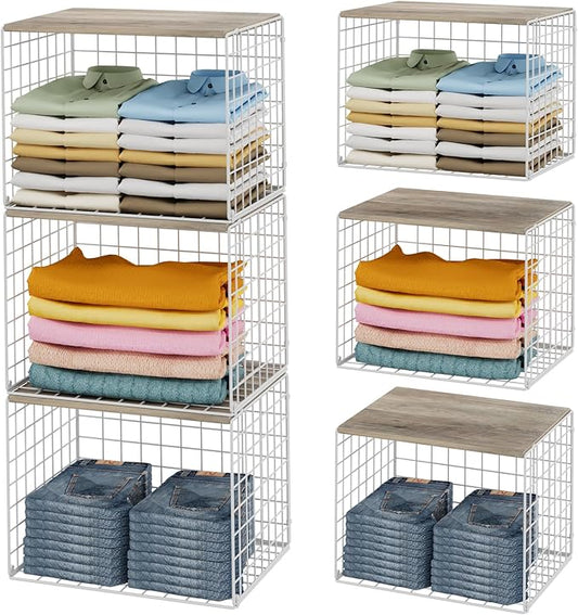 Closet Organizers And Storage Shelf, 3Pack Stackable Closet Storage Bin Basket For Clothes Sweaters With Top Board, Widened Opening, Heightened Height, Large Capacity Sturdy Clothing Storage Organizer