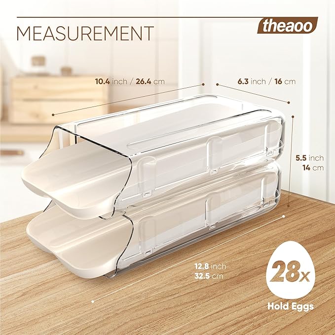 theaoo Egg Holder for Fridge, Automatic Rolling Egg Container for Refrigerator, Clear Plastic Egg Dispenser, Stackable Eggs Organizer with Quick Removable inner Tray For Organizers and Storage, 2 Pack