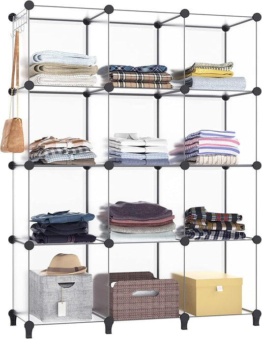 Closet Organizer, 12-cube Closet Organizers and Storage, Portable Cube Storage Organizer, Closet Shelves for Kids, Closet, Bedroom, Bathroom, Office, Transparent