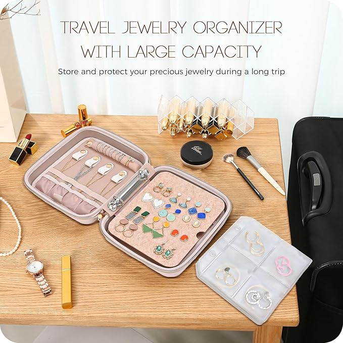 ProCase Medium Travel Jewelry Organizer Case, Jewellery Home Storage Book Ring Binder with Clear Pockets for Presentation, Zippered Pouch Bag for Earrings Necklaces Bracelets -Pink