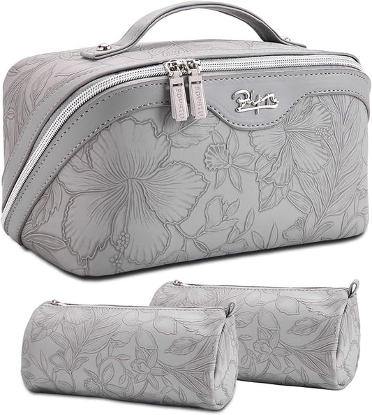 BOYATU Travel Makeup Bags Cosmetic Organizer Bag: 3-Set Large Capacity Make up Bag - PU Leather Toiletry Bags for Women - Wide Open Portable Pouch with Divider & Handle (16-Grey-2)