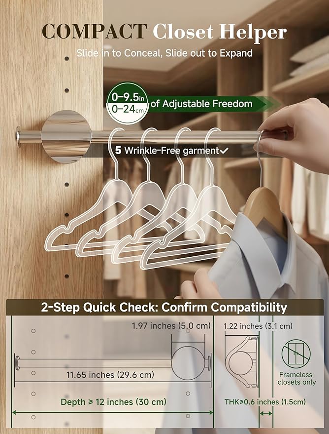 INMAKER Valet Rod for Closet Pull out, Slide out to 9.5" Hanger Rod for ≥12" Deep Closet, Blackish Grey, 1 Pack