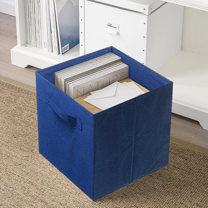 PowerKing Collapsible Storage Cubes with Handles, Fabric Foldable Bins for Closet Shelves, Durable Organization Storage Bins, 10.5'' x 11'' x 10.5'', 6 Pack, Dark Blue