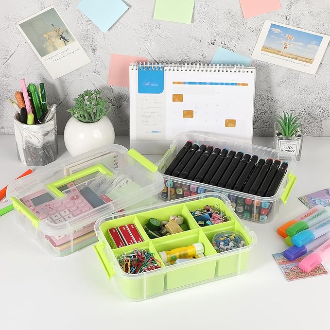 JUXYES 2 Pack 3-Tiers Stack Carry Storage Box With Divided Tray, Transparent Stackable Storage Bin With Handle Lid Latching Storage Container for School & Office Supplies, Green