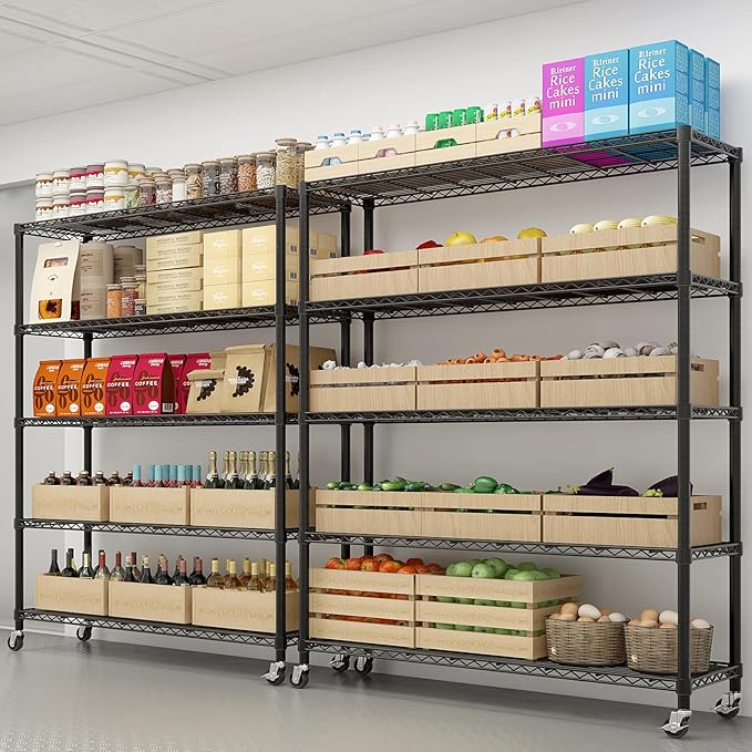 5 Tier Storage Racks Shelving, Heavy Steel Pantry Shelves, Adjustable Wire Shelving Rack with Wheels, Suitable for Garage, Kitchen, Bathroom, Office, 35" W x 14" D x 65" H, Black