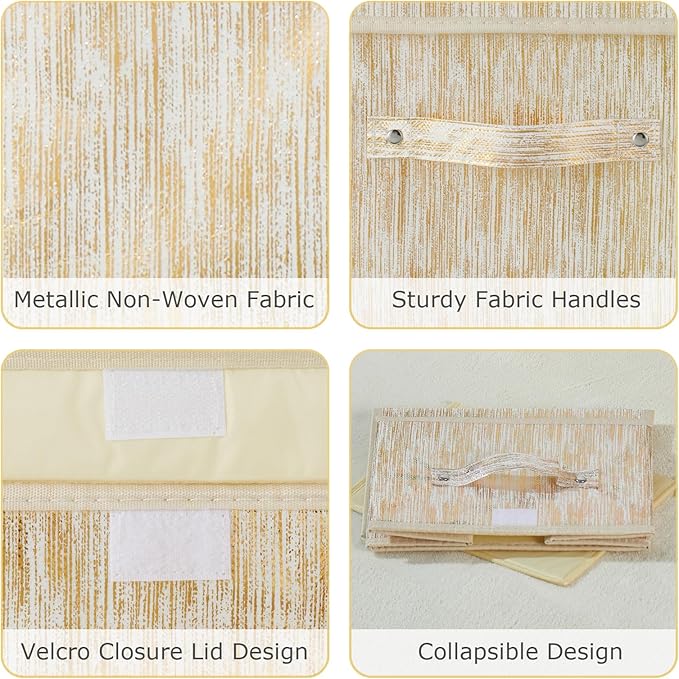 2PCS Decorative Storage Boxes with Lid Luxury Metallic Fabric Storage Bins Organizer Container Collapsible Shelf Basket with Handles for Home Bedroom Closet Office (Gold, Large Size)