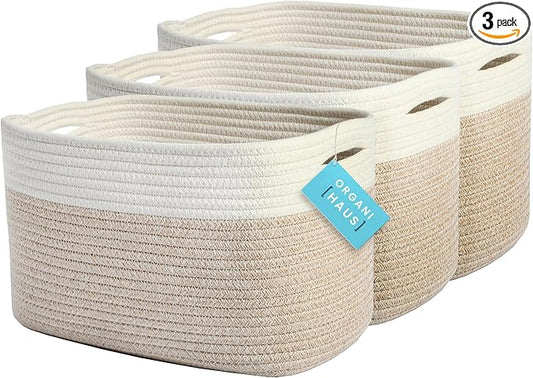 OrganiHaus Rope Baskets for Shelves - Set of 3 Woven Storage Baskets for Organizing, Closet & Toy Storage - Light Honey/Off-White - 15x9x10