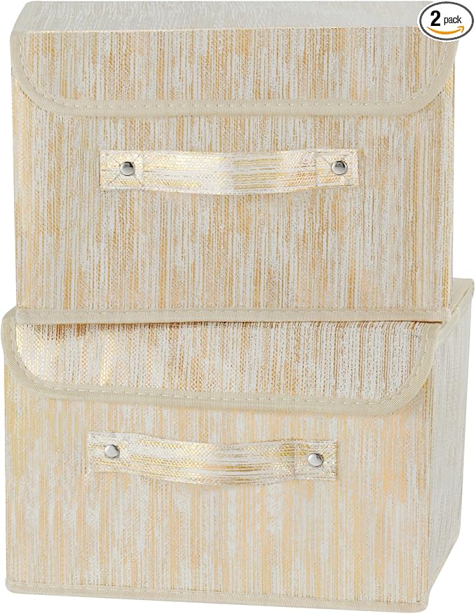 2PCS Decorative Storage Boxes with Lid Luxury Metallic Fabric Storage Bins Organizer Container Collapsible Shelf Basket with Handles for Home Bedroom Closet Office (Gold, Small Size)