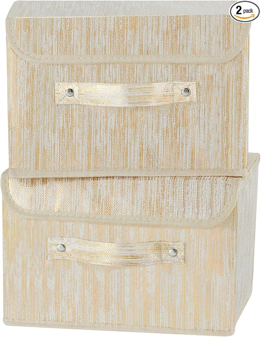 2PCS Decorative Storage Boxes with Lid Luxury Metallic Fabric Storage Bins Organizer Container Collapsible Shelf Basket with Handles for Home Bedroom Closet Office (Gold, Small Size)