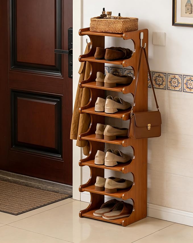 Tall Narrow Solid Wood Shoe Rack, 8 Tier Vertical Wooden Shoe Storage Tower, Freestanding Corner Multi-Layer Organizer for Entryway(12.6" L x 9.84" W x 44.1" H)