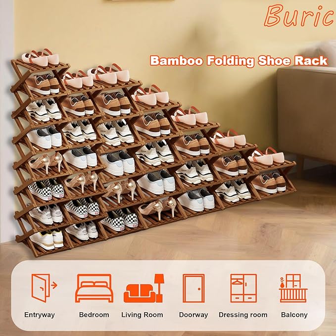 7 Tier Natural Bamboo Shoe Rack,Foldable Space Saving Shoe Storage Organizer,Easy Assembly & Strong Design Shoes Stand Shelf Organiser for Closet (Brown, Seven Layers)