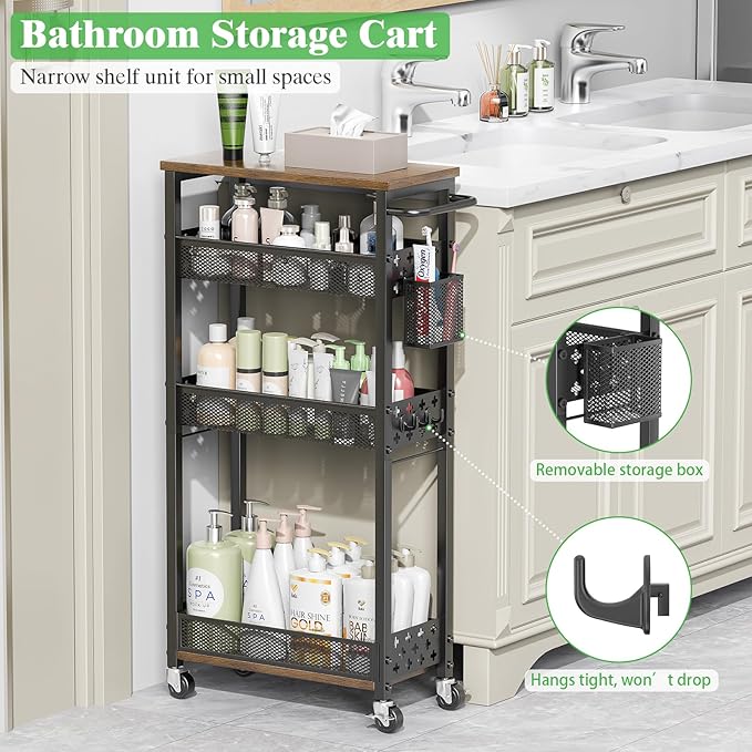 Utility Slim Rolling Storage Cart with Wheels, 4 Tier Narrow Metal Kitchen Cart Bathroom Laundry Room Organization Trolley with Wood Rack and Removable Mesh Basket for Small Space, 7.1IN Black