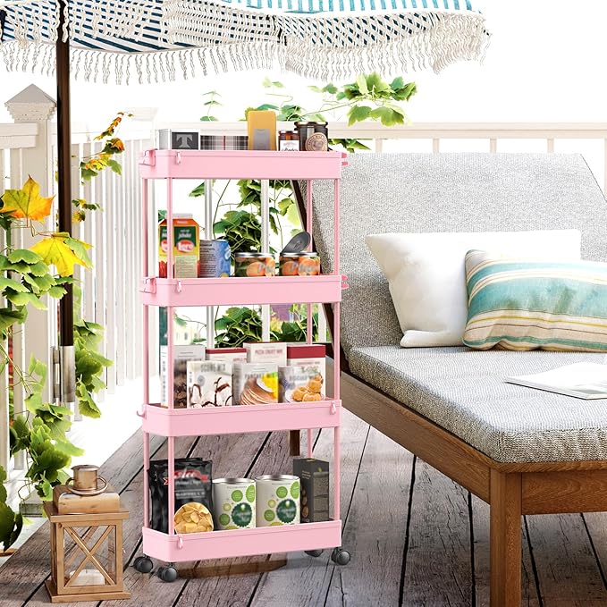 SPACEKEEPER Slim Rolling Storage Cart 4 Tier Bathroom Organizer Utility Cart Mobile Shelving Unit Tower Rack for Kitchen, Laundry Room, Bathroom, Narrow Places, Pink