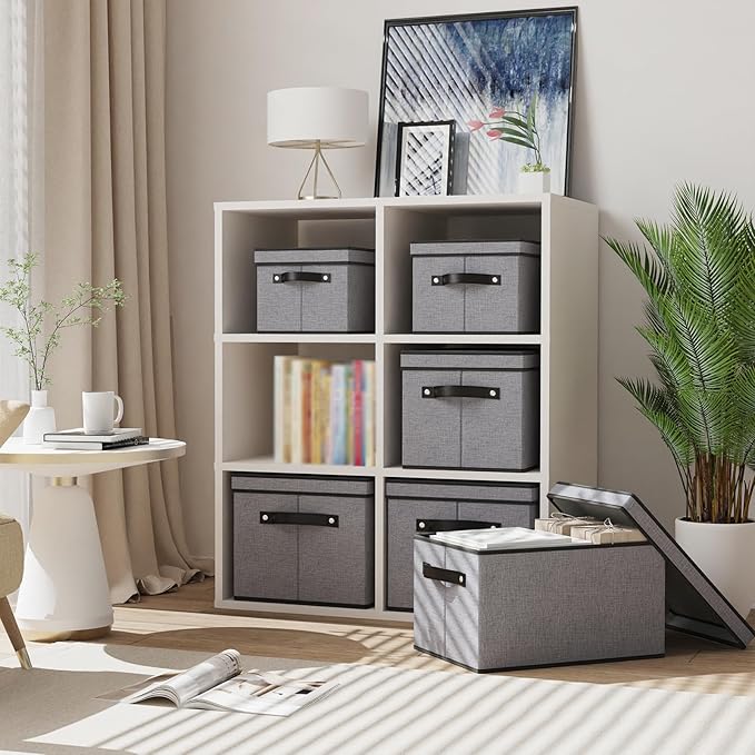 Storage Bins with Lids, 7.1 x 9.1 x 13 Inch Closet Organizers for Shoes Towels Books, Storage Boxes with Handles, Gray, 5-Pack