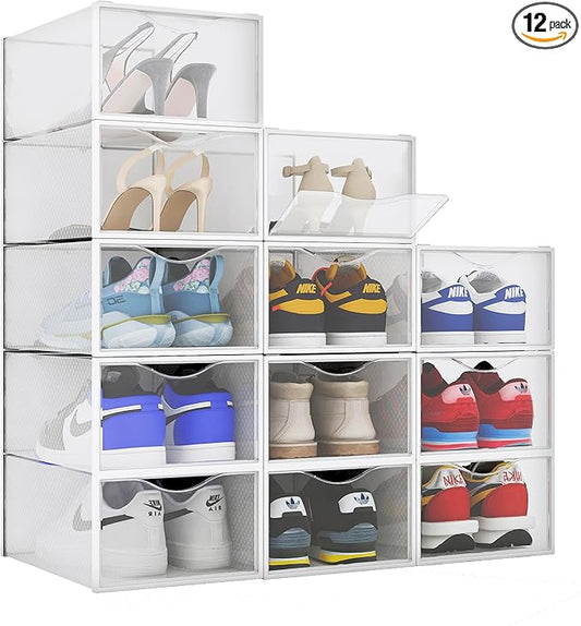 BINO 12-Pack Plastic Stackable Shoe Box Set - Clear | Foldable Shoe Storage Container | Sneaker Bins | Shoe Rack Box | Transparent | Portable Stacking Shoe Boxes Front Open
