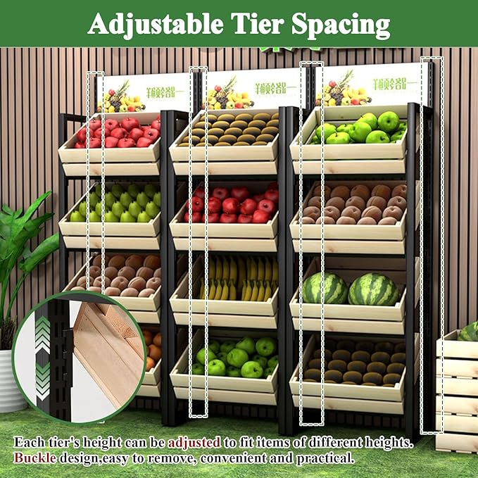 3/4 Tier Fruits & Vegetables Kitchen Shelf Rack Display,Retail Snack Stand, Large Solid Wood Floor Multi-layer Storage Frame for Commercial Supermarket(E-4 Tier)