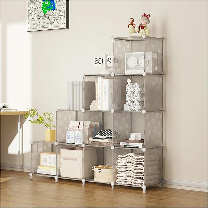 UNKU Cube Storage Organizer, 10 Cube Closet Organizer Storage Shelves, DIY Stackable Bookcase, Clothes Organizer Shelf for Closet, Bedroom, Living Room, Cabinet, Home, Office, Translucent