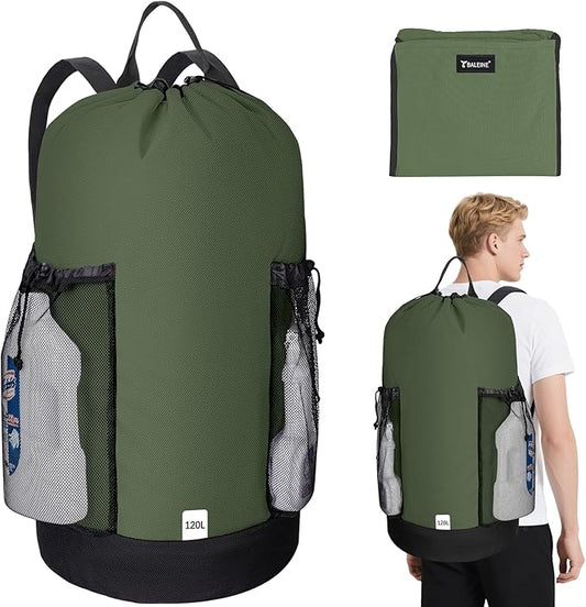 BALEINE 2PK 120L Laundry Bag Backpack, 900D Oxford Fabric Large Travel Laundry Bags with Shoulder Straps and 2 Mesh Pockets for College Dorm, Apartment, Laundromat (Green, 120L)