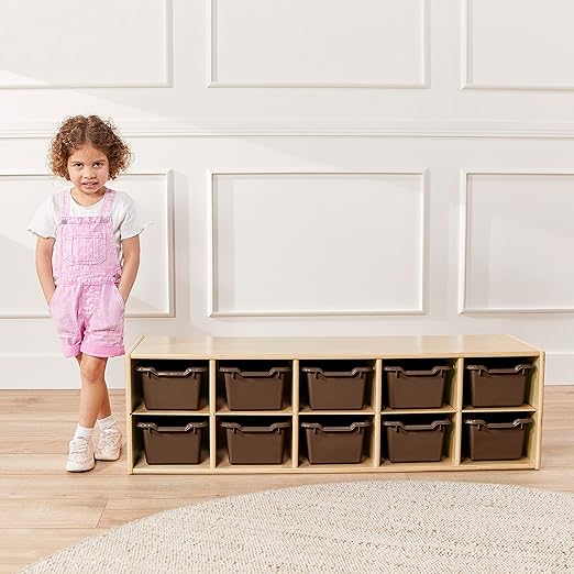 ECR4Kids Scoop Front Storage Bins, Multipurpose Organization, Chocolate, 10-Piece